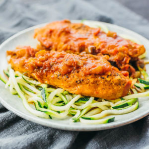 chicken cacciatore served over zucchini noodles