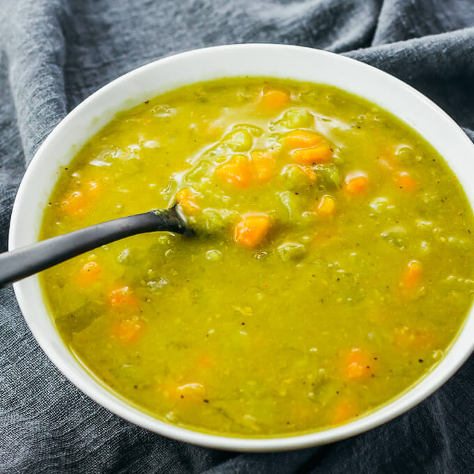 split pea soup served in white bowl