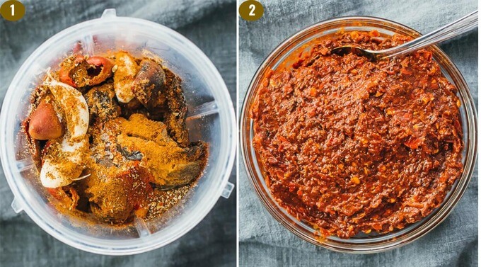 adobo sauce ingredients before and after blending into a paste like consistency