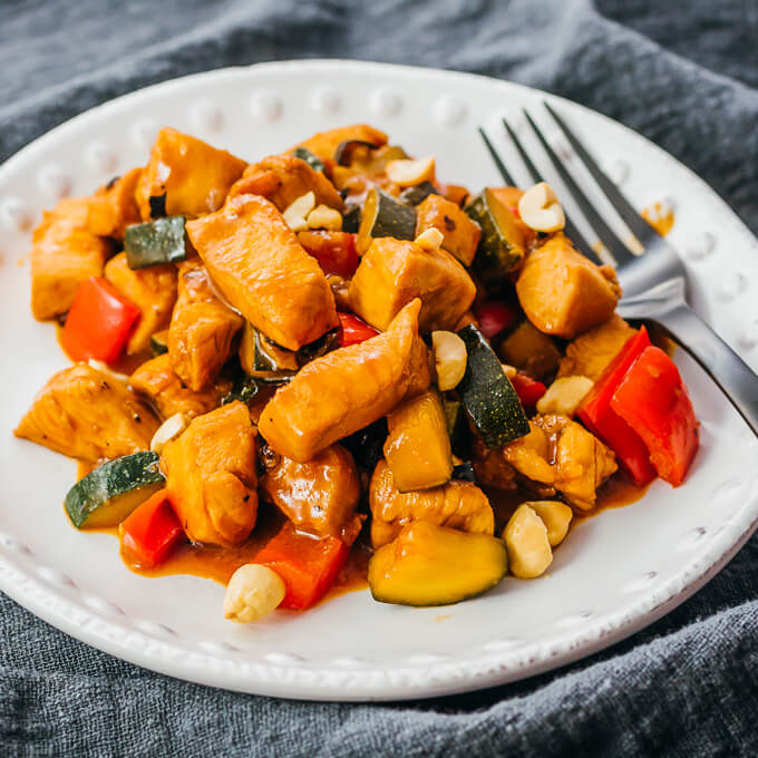 kung pao chicken served on white plate