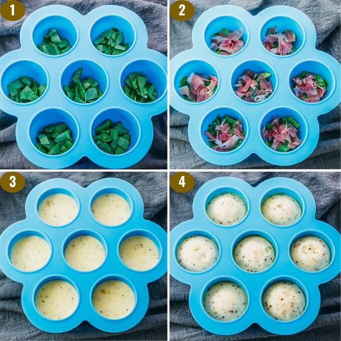 adding ingredients and egg mixture to silicone mold