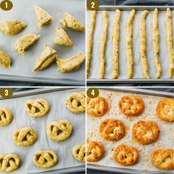 step by step on forming dough into garlic knots