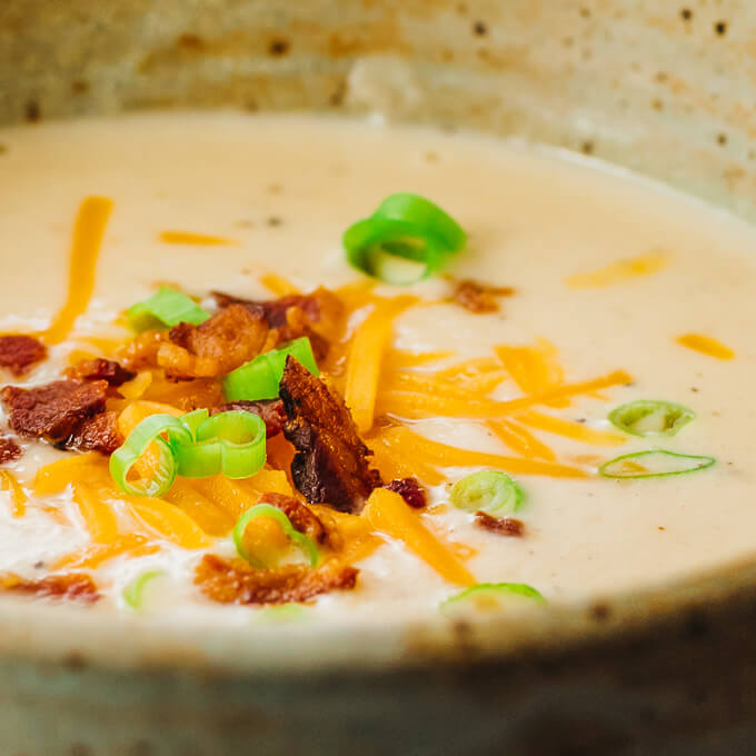close up view of cauliflower cheese soup
