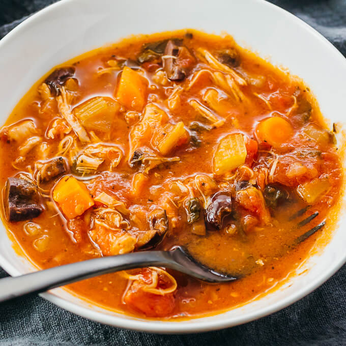 italian chicken stew served in white bowl