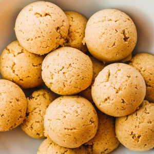 peanut butter fat bombs in white bowl