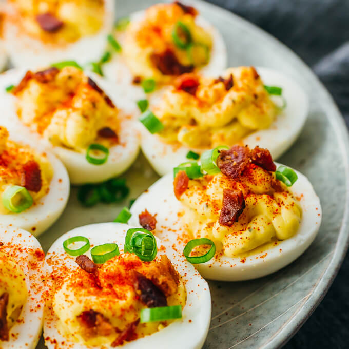 close up view of instant pot deviled eggs