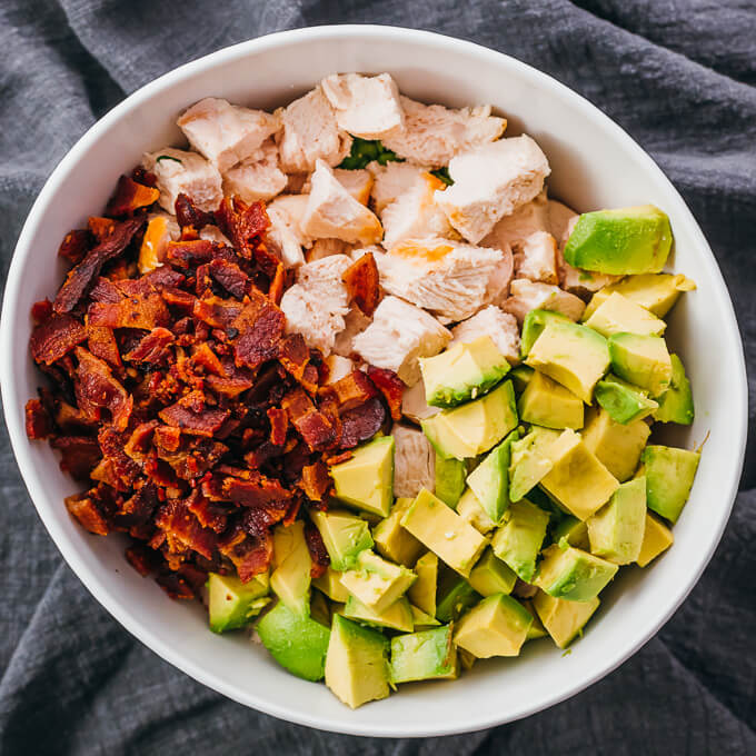 bacon, avocado, and chicken in salad bowl