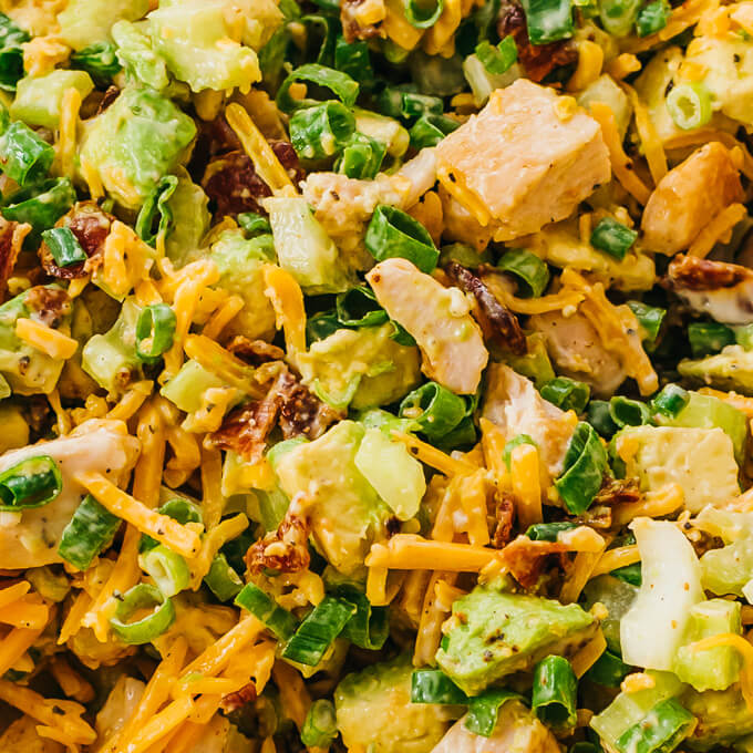 closeup view of avocado bacon chicken salad