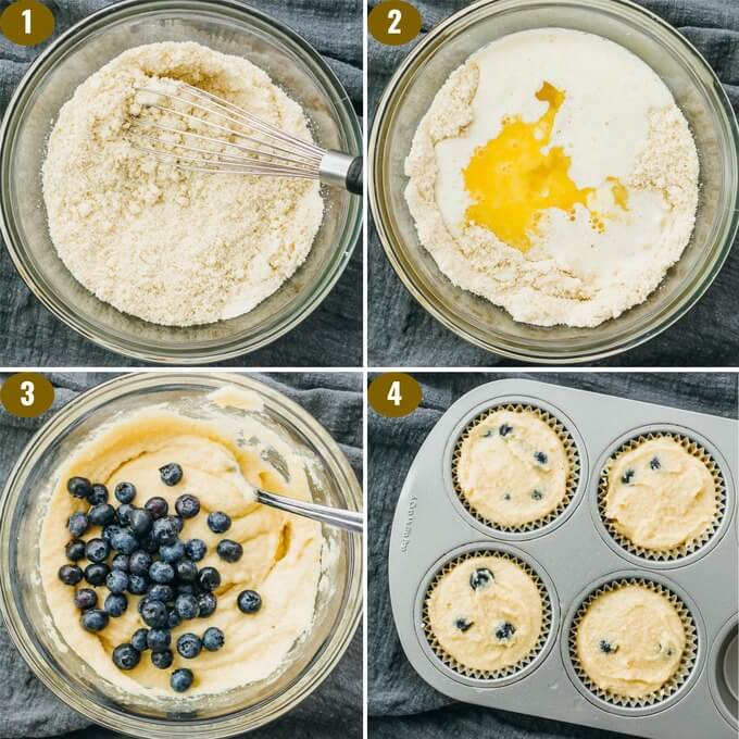 step by step images on making muffins with almond flour and blueberries