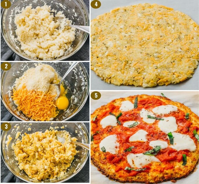 step by step preparing cauliflower crust dough