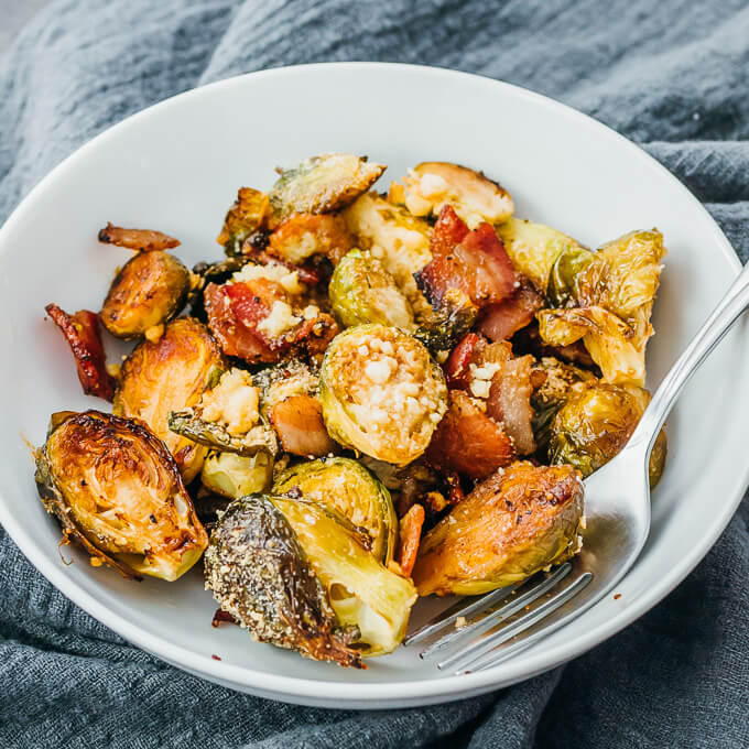 roasted brussels sprouts served in white bowl