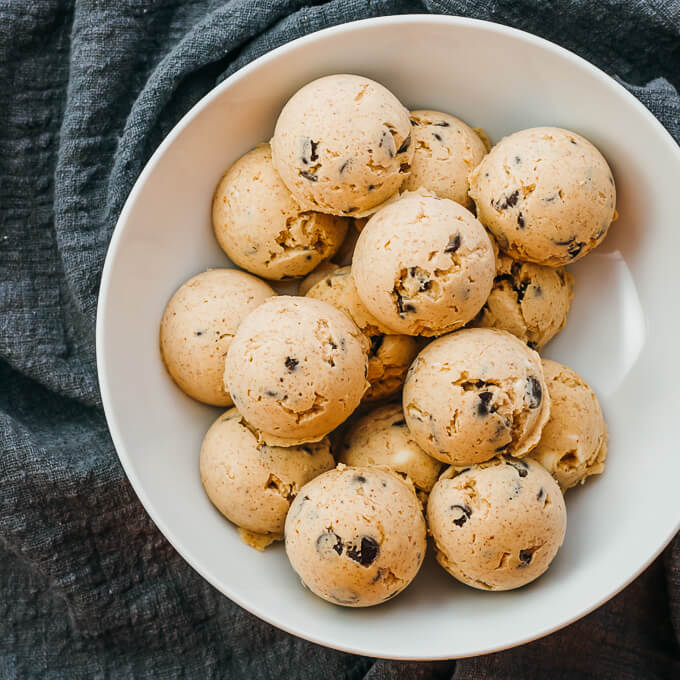 frozen keto fat bombs in white bowl