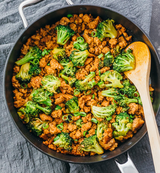 pork stir fry in black saute pan