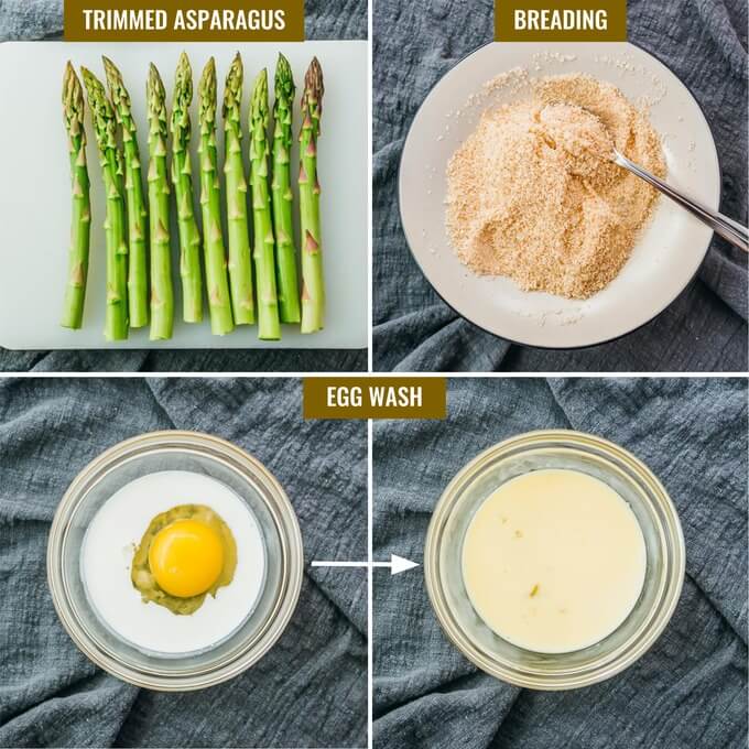 trimmed asparagus with breading and egg wash