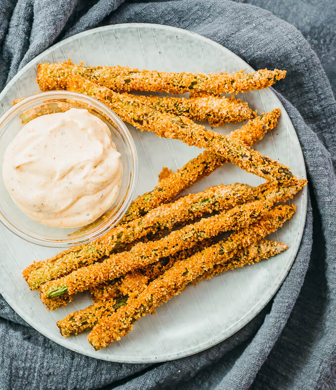 overhead view of fried asparagus spears