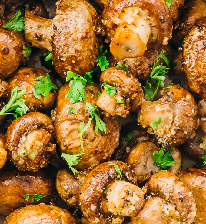 close up view of garlic roasted mushrooms