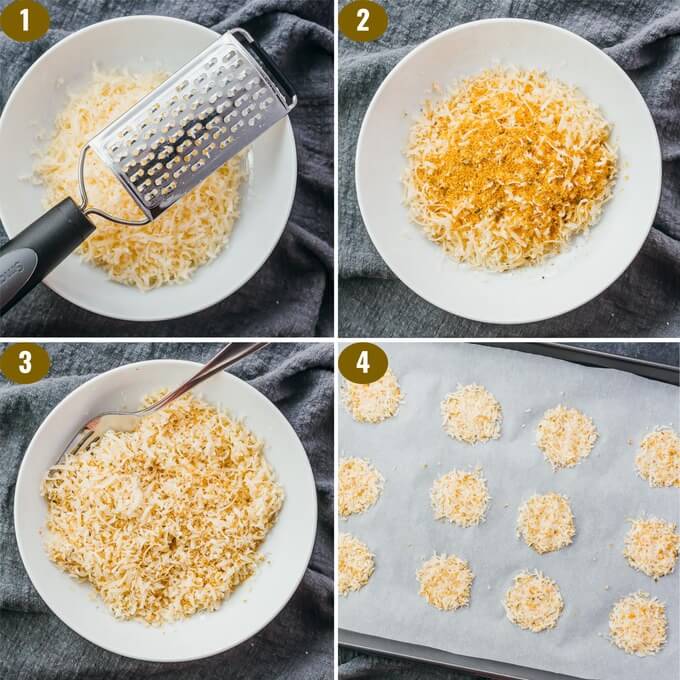 steps showing how to make parmesan crisps