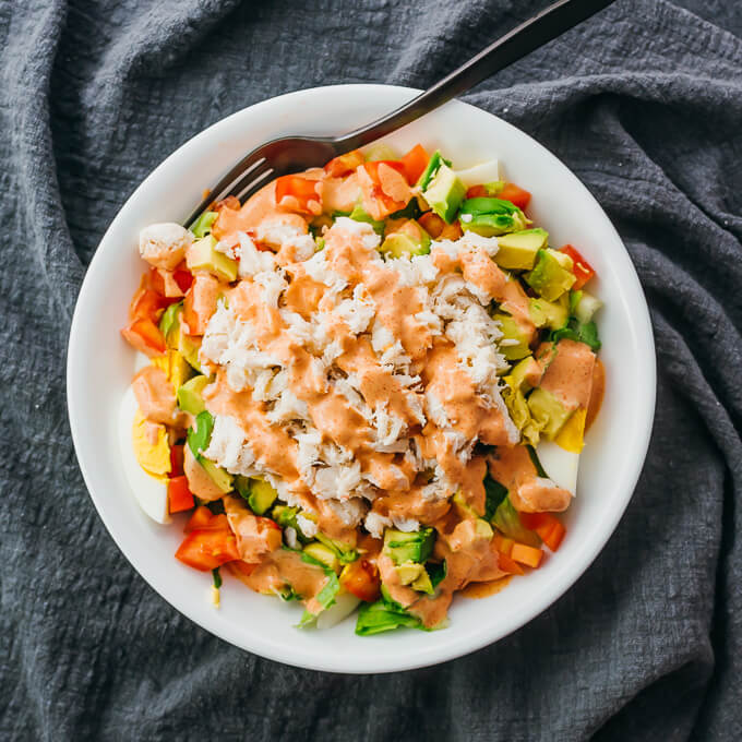 overhead view of crab louie salad