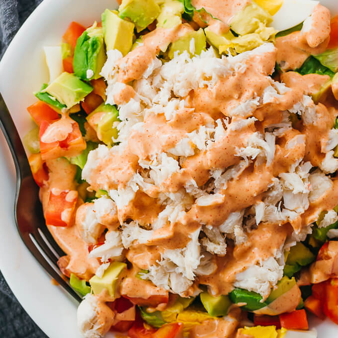 closeup view of crab louie salad