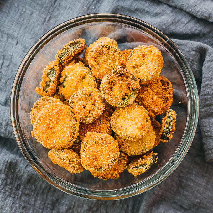 glass bowl with fried jalapeño slices