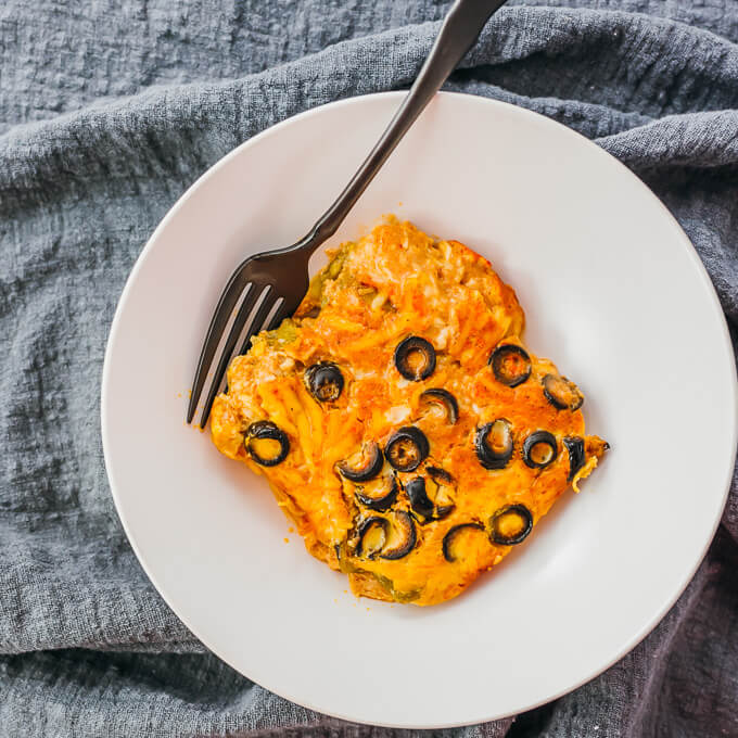 chile relleno casserole served in white bowl