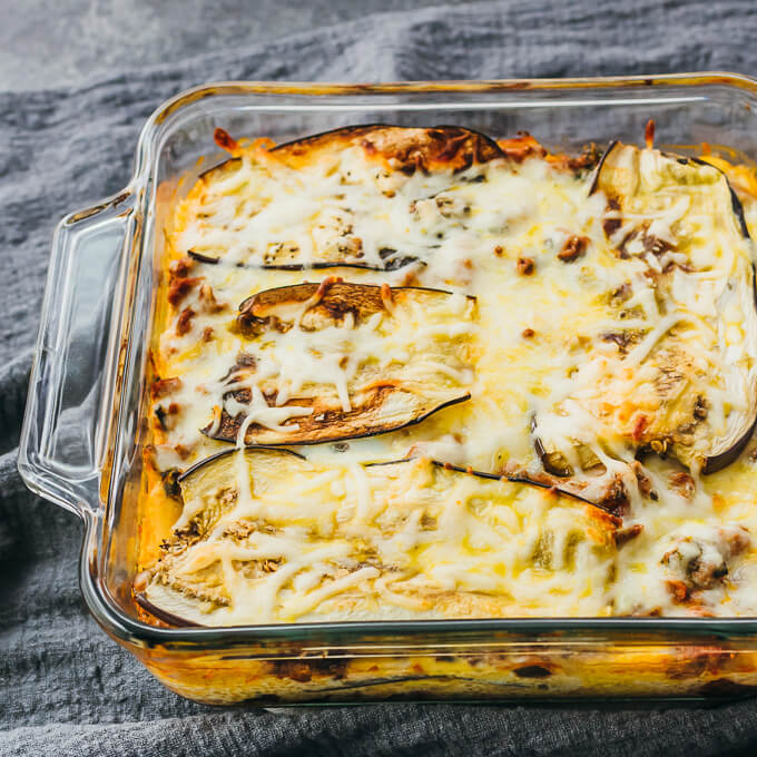 baked eggplant lasagna in glass dish