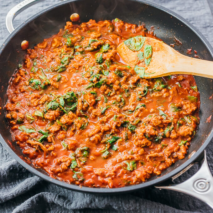 cooking meat sauce in nonstick pan