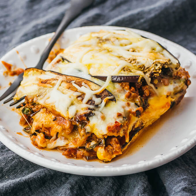 eggplant lasagna served on white plate