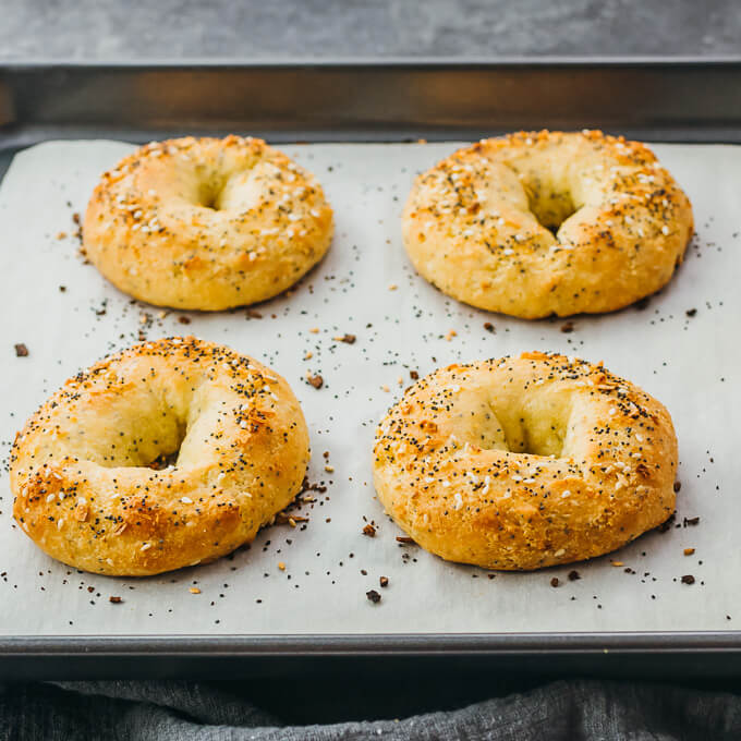 keto bagels on baking sheet