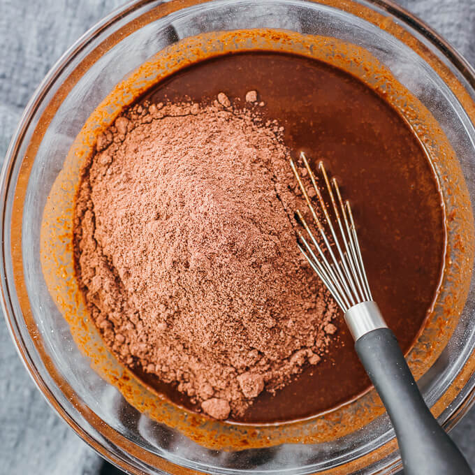 stirring chocolate cake ingredients in bowl
