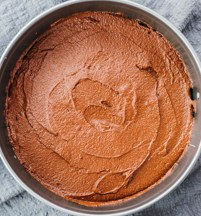 chocolate cake batter in springform pan