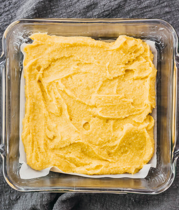 raw cornbread batter in baking dish