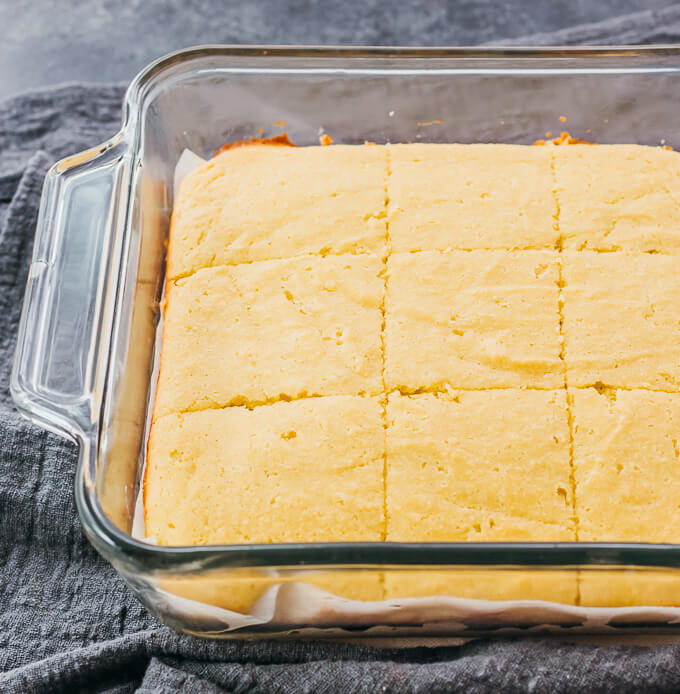 cornbread in glass baking dish