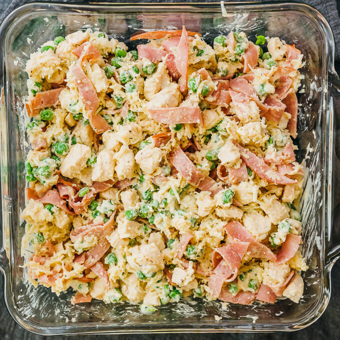 assembling chicken cordon bleu casserole