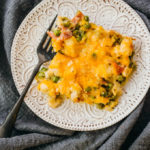 chicken cordon bleu casserole served on white plate