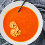 overhead view of tomato soup