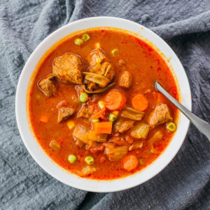 overhead view of vegetable beef soup