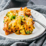 close up view of casserole on white plate