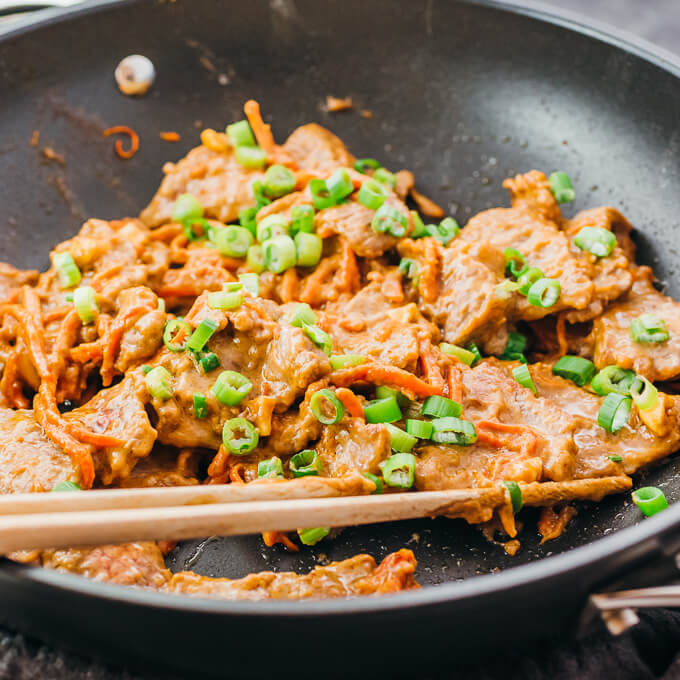 close up view of peanut beef stir fry