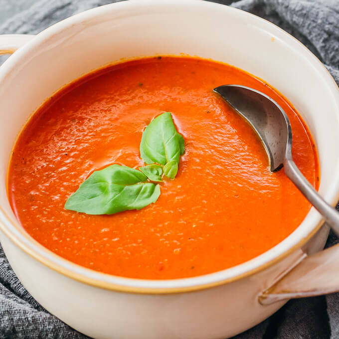 tomato basil soup served in a bowl