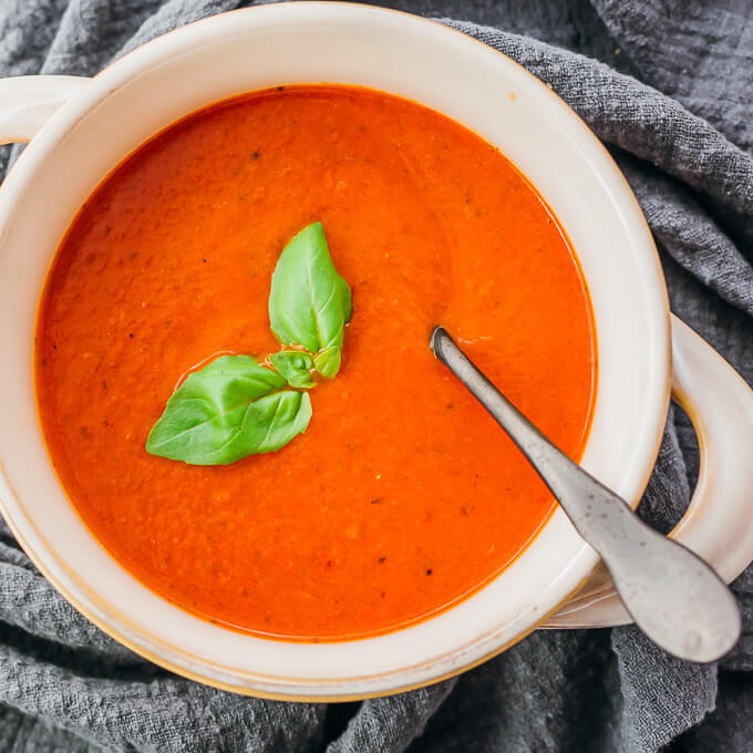 tomato basil soup served in a bowl
