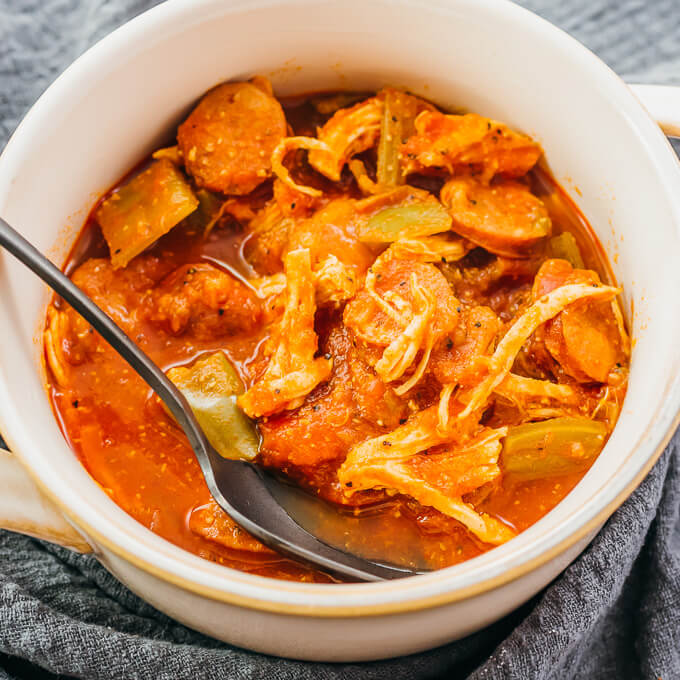 chicken and sausage gumbo served in bowl