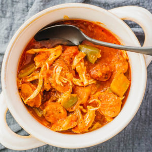 overhead view of gumbo served in bowl