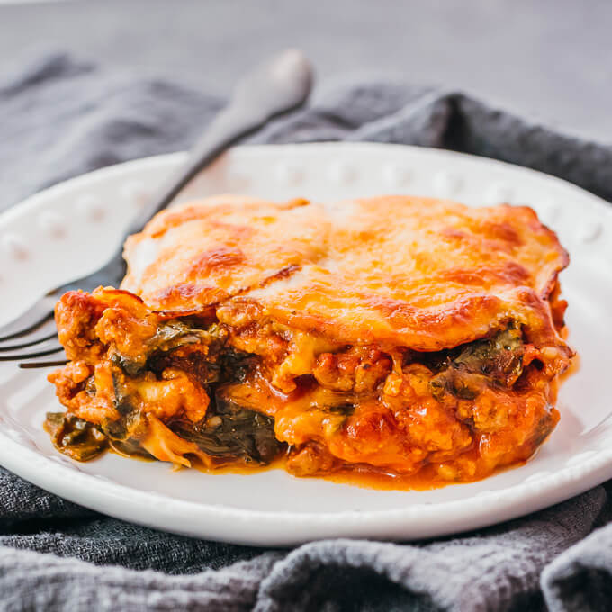 slice of keto lasagna served on white plate