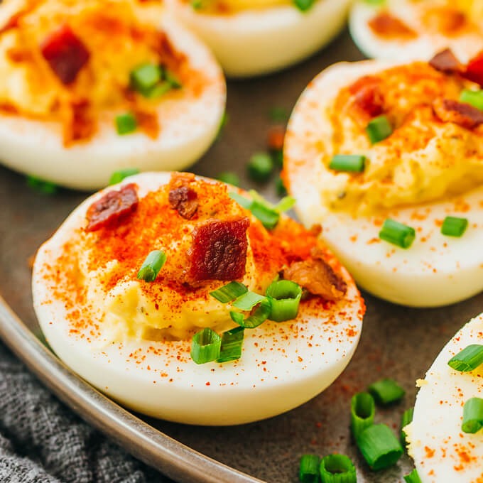 closeup view of deviled egg on gray platter