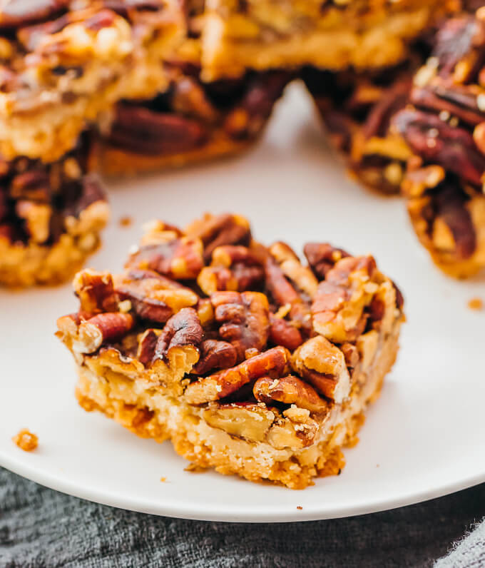 close up view of a single low carb pecan bar
