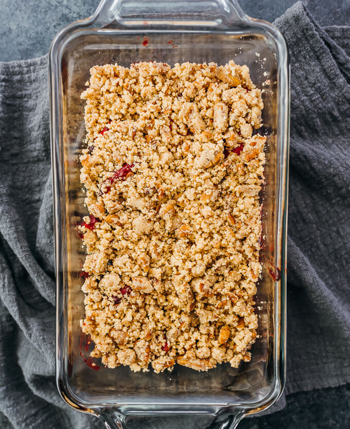 apple crisp assembled in baking dish