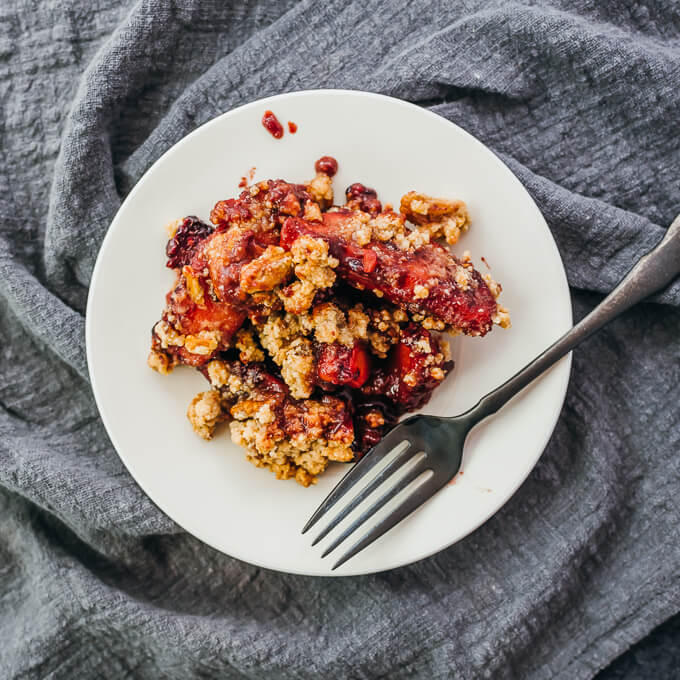 apple crisp served on white plate