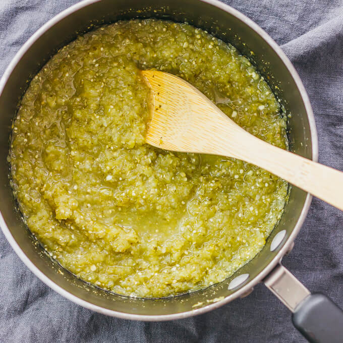 simmering salsa verde in saucepan