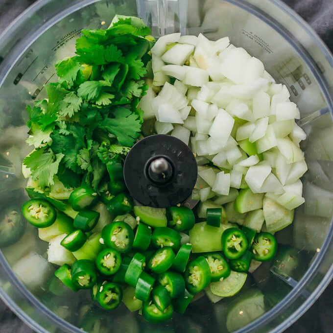 chopped onions, cilantro, serranos in food processor